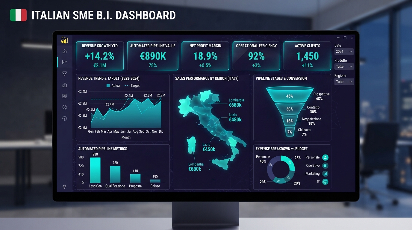Esempio di dashboard personalizzata per una PMI italiana: KPI su crescita dei ricavi, margine netto ed efficienza, trend ricavi rispetto al target, vendite per regione, funnel commerciale e ripartizione dei costi.